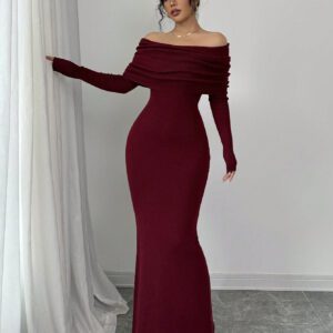 Elenzga Robe pull longue moulante style sirène avec épaules dénudées pour la Saint-Valentin