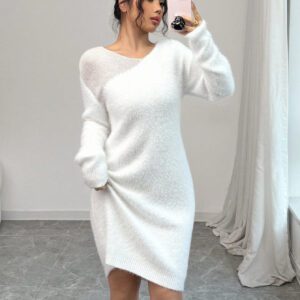 SHEIN Raffinéa Robe pull en maille pelucheuse à col V pour femmes, portée décontracté et quotidienne, pour l'automne/l'hiver