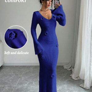 Elenzga 1 pièce Robe pull élégante à manches longues pour femme avec col en V unicolore et application florale