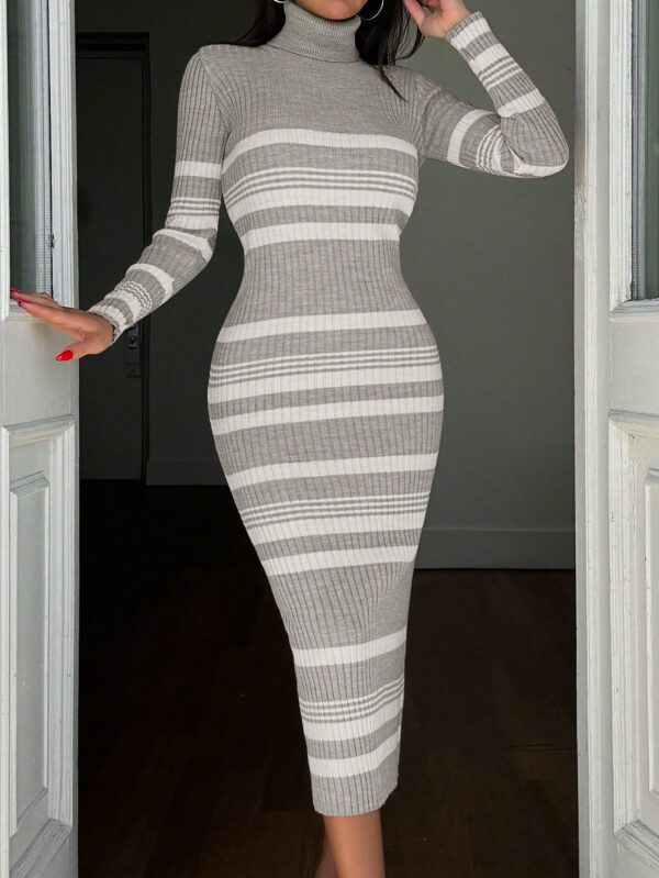 SHEIN Robe midi en tricot à manches longues, col et rayures grises et blanches, style près du corps fuselé pour femmes, nouvelle collection automne