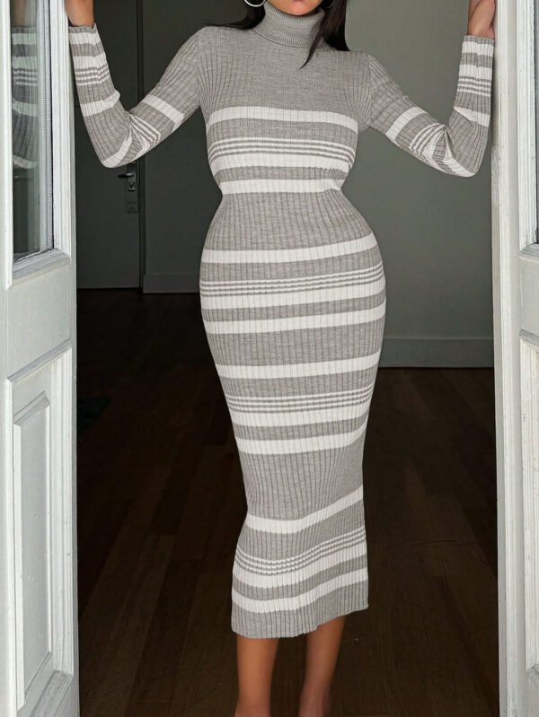 SHEIN Robe midi en tricot à manches longues, col et rayures grises et blanches, style près du corps fuselé pour femmes, nouvelle collection automne – Image 4
