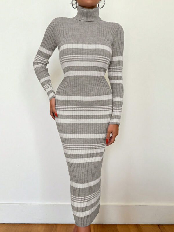 SHEIN Robe midi en tricot à manches longues, col et rayures grises et blanches, style près du corps fuselé pour femmes, nouvelle collection automne – Image 5