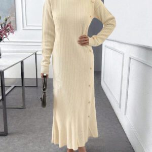 SHEIN Robe maxi avec motif côtelé, volants et boutons dorés