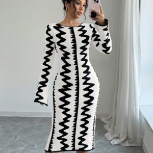 Elenzga Robe moulante en jacquard tricotée élégante pour femmes