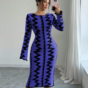 Elenzga Robe moulante en jacquard tricotée élégante pour femmes