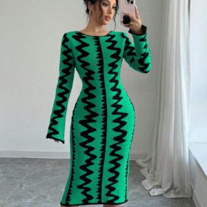 Elenzga Robe moulante en jacquard tricotée élégante pour femmes