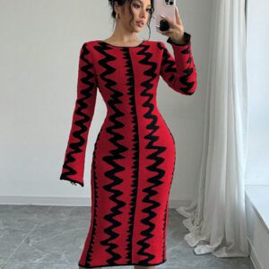 Elenzga Robe moulante en jacquard tricotée élégante pour femmes