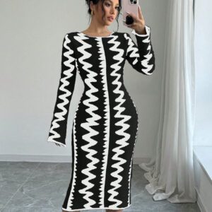 Elenzga Robe moulante en jacquard tricotée élégante pour femmes