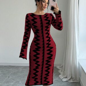 Elenzga Robe moulante en jacquard tricotée élégante pour femmes