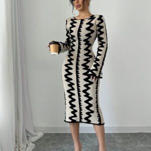 Elenzga Robe moulante en jacquard tricotée élégante pour femmes