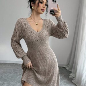 Siren Gaze Robe pull court col en cœur à manches longues en tricot pour femmes en automne/hiver,Robe pull court casual simple à col V manches longues de couleur unie pour femmes