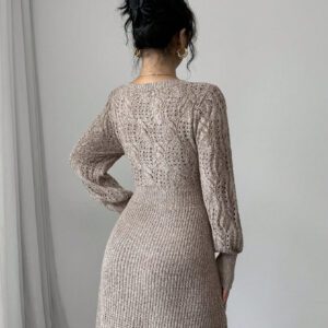 Siren Gaze Robe pull court col en cœur à manches longues en tricot pour femmes en automne/hiver,Robe pull court casual simple à col V manches longues de couleur unie pour femmes