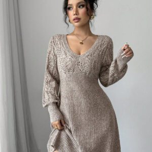 Siren Gaze Robe pull court col en cœur à manches longues en tricot pour femmes en automne/hiver,Robe pull court casual simple à col V manches longues de couleur unie pour femmes