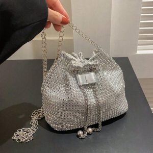 Glamour Scintillant Brillant , À Paillettes , Luxe , Brillant Mini Avec Strass Design Cordon Chaîne Sac Seau , Parfait Mariée Bourse Pour Mariage , Bal & Événements de fête Sac De Soirée , Dîner Sac Pour Fête Fille , Femme