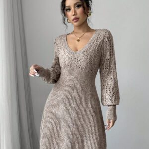 Siren Gaze Robe pull court col en cœur à manches longues en tricot pour femmes en automne/hiver,Robe pull court casual simple à col V manches longues de couleur unie pour femmes