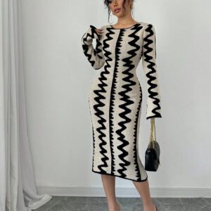 Elenzga Robe moulante en jacquard tricotée élégante pour femmes