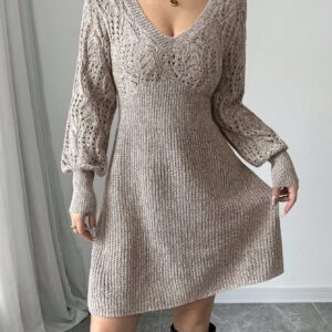 Siren Gaze Robe pull court col en cœur à manches longues en tricot pour femmes en automne/hiver,Robe pull court casual simple à col V manches longues de couleur unie pour femmes