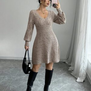Siren Gaze Robe pull court col en cœur à manches longues en tricot pour femmes en automne/hiver,Robe pull court casual simple à col V manches longues de couleur unie pour femmes