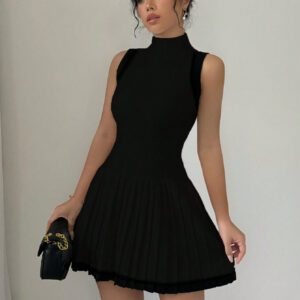 Elenzga Robe pull plissée sans manches de couleur unie, port casual quotidien