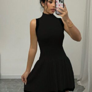 Elenzga Robe pull plissée sans manches de couleur unie, port casual quotidien