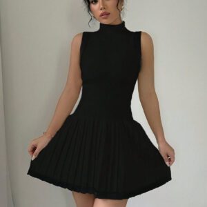 Elenzga Robe pull plissée sans manches de couleur unie, port casual quotidien