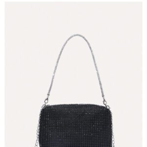 Sac seau léger, style casual avec décor de strass, design à cordon coulissant. Sac transparent avec perles fausses. Sac de soirée, de dîner glamour, élégant, raffiné, luxe discret avec strass. Parfait pour les fêtes, les dîners, les mariages, les tenues de fête de Noël pour les filles, les femmes, les mariées