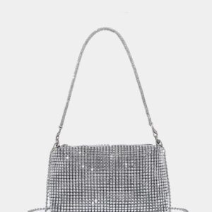 Sac seau léger, style casual avec décor de strass, design à cordon coulissant. Sac transparent avec perles fausses. Sac de soirée, de dîner glamour, élégant, raffiné, luxe discret avec strass. Parfait pour les fêtes, les dîners, les mariages, les tenues de fête de Noël pour les filles, les femmes, les mariées