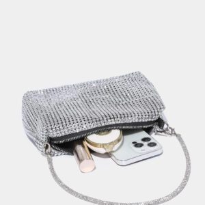 Sac seau léger, style casual avec décor de strass, design à cordon coulissant. Sac transparent avec perles fausses. Sac de soirée, de dîner glamour, élégant, raffiné, luxe discret avec strass. Parfait pour les fêtes, les dîners, les mariages, les tenues de fête de Noël pour les filles, les femmes, les mariées