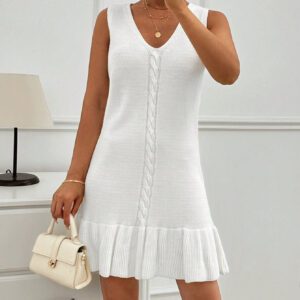 SHEIN Robe-pull sans manches avec motif de câble, style décontracté élégant et simple avec des franges