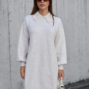 SHEIN Robe pull femme à manches lanternes, col montant, épaules tombantes, couleur unie