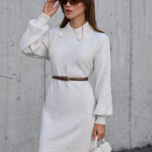 SHEIN Robe pull femme à manches lanternes, col montant, épaules tombantes, couleur unie
