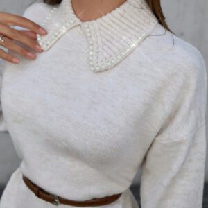 SHEIN Robe pull femme à manches lanternes, col montant, épaules tombantes, couleur unie