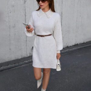 SHEIN Robe pull femme à manches lanternes, col montant, épaules tombantes, couleur unie