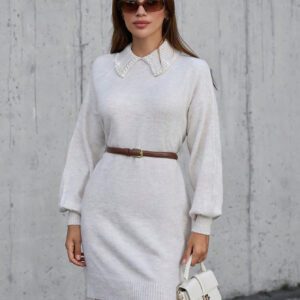 SHEIN Robe pull femme à manches lanternes, col montant, épaules tombantes, couleur unie