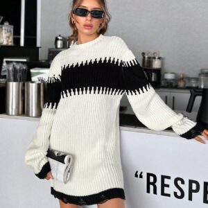 SHEIN Robe pull mini à manches longues, épaules dénudées, col rond, avec rayure noire