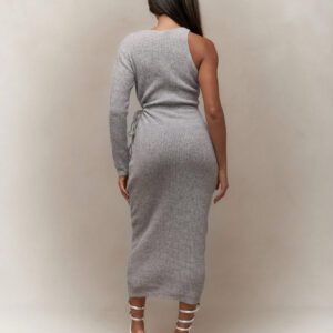 MISSGUIDED Robe moulante maxi à une manche longue asymétrique avec découpe latérale, tricot côtelé, pour porter en hiver