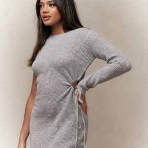 MISSGUIDED Robe moulante maxi à une manche longue asymétrique avec découpe latérale, tricot côtelé, pour porter en hiver