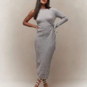 MISSGUIDED Robe moulante maxi à une manche longue asymétrique avec découpe latérale, tricot côtelé, pour porter en hiver