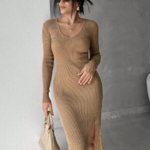 SHEIN Robe pull côtelée moulante avec fente sur la cuisse, col V unicolore pour femmes