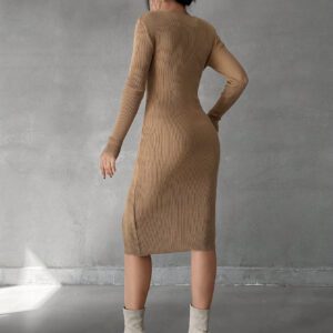 SHEIN Robe pull côtelée moulante avec fente sur la cuisse, col V unicolore pour femmes