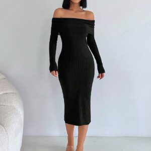 Robe Pull Col Bardot Côtelé