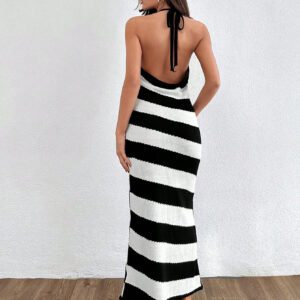 SHEIN Robe tricotée noir et blanc à blocs de couleur, décolleté en U et dos nu