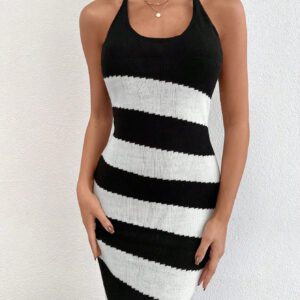SHEIN Robe tricotée noir et blanc à blocs de couleur, décolleté en U et dos nu