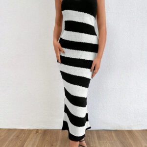 SHEIN Robe tricotée noir et blanc à blocs de couleur, décolleté en U et dos nu