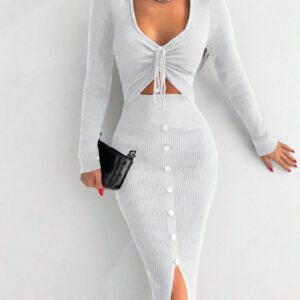 Robe Tricotée Unie Avec Cordon De Serrage, Détail Ajouré, Fente Avant