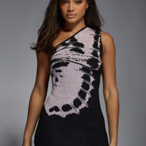 MISSGUIDED Robe moulante mini asymétrique à une épaule avec imprimé papillon en tricot côtelé, vêtement d'hiver