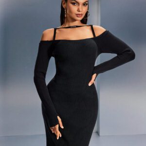 SHEIN SXY Robe pull longue en tricot élégante à manches longues et épaules dénudées, à nouer devant, de couleur unie pour femme