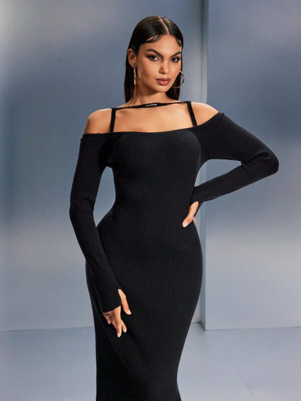 SHEIN SXY Robe pull longue en tricot élégante à manches longues et épaules dénudées, à nouer devant, de couleur unie pour femme