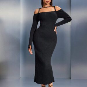SHEIN SXY Robe pull longue en tricot élégante à manches longues et épaules dénudées, à nouer devant, de couleur unie pour femme