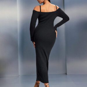 SHEIN SXY Robe pull longue en tricot élégante à manches longues et épaules dénudées, à nouer devant, de couleur unie pour femme